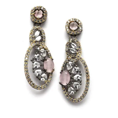 ZENEME Rose Gold-Plated Gunmetal Toned Pink American Diamond studded Oval & Quirky Shaped Drop Earrings