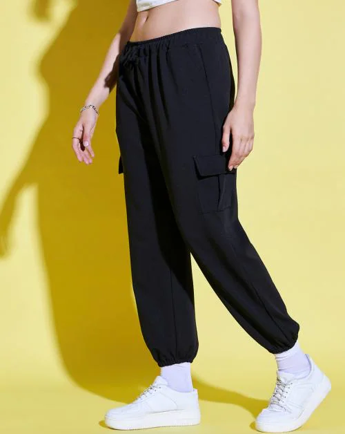 Buynewtrend Black Lycra Blend Women Relaxed Fit Jogger Pant With Pockets | Casual Cargo Pants