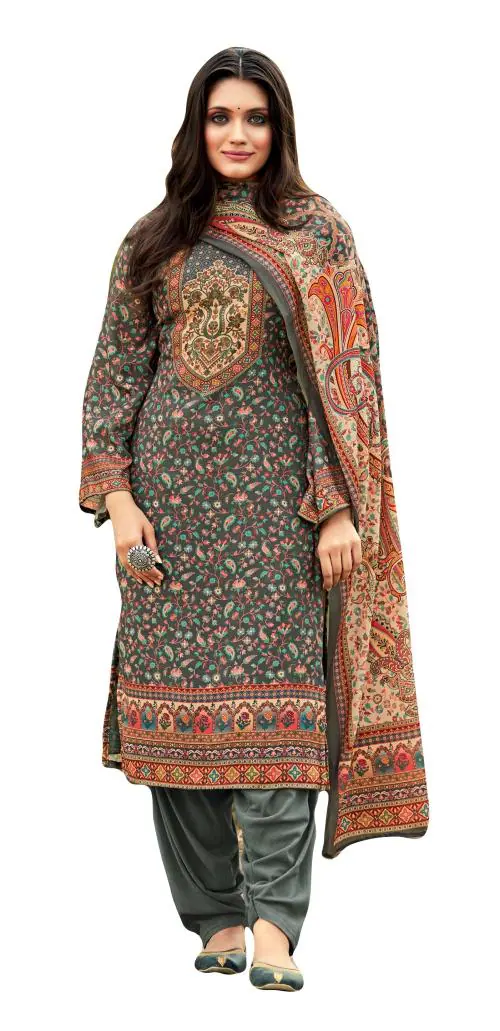 DRAVINAM Trends Women's Kashmiri Kani printed pure wool winter wear dress material with Kashmiri Kani print Pure Pashmina dupatta | Unstitched Dress Material For Women | Free Size (Grey)