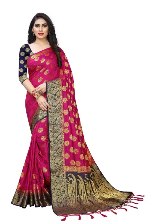 Veehaus Women's Pink Printed Cotton Silk Saree