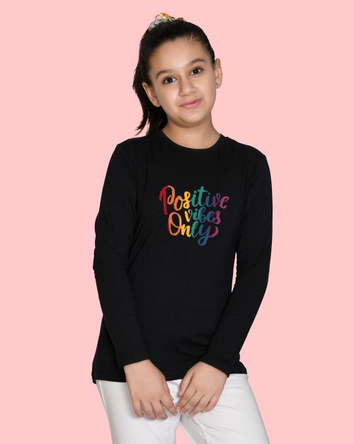 Nusyl Girls Black Text Printed Full Sleeve T-shirt