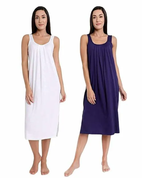 TWGE Cotton Full Length Camisole for Women - Long Inner wear Petticoat - Plus Size Nighty - Kurti and Suit Slip - White & Purple Pack of 2