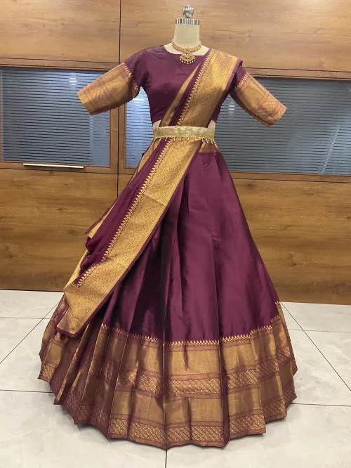 Fabcartz Narayanpet Semi-stitched Half saree Bottle Wine color with Matching wide dupatta