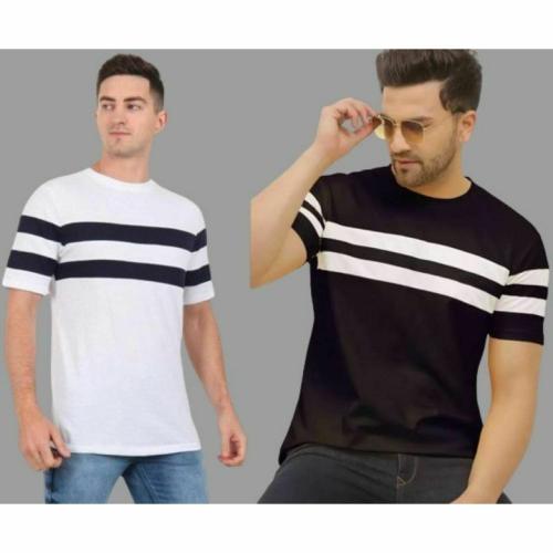 Trendy MASS Pack of 2 Men Striped Round Neck Pure Cotton Black, White T-Shirt (Size-L)