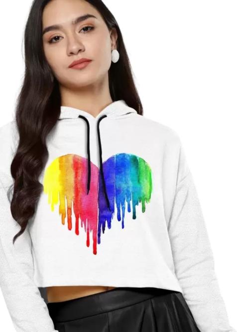 Bhakti Nandan Creation Women's Valentino Fabric Digital Print White Crop Top Casual Solid Hoodie Neck Long Sleeve Stylish