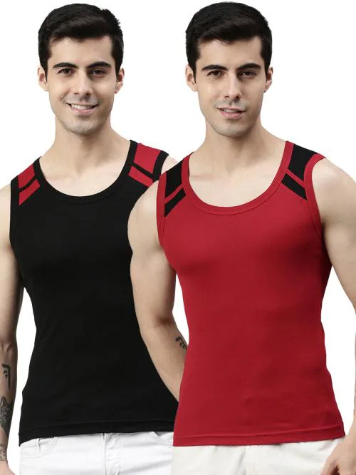 Lux Cozi Black and Red Cotton Blend Gym Vest Pack of 2