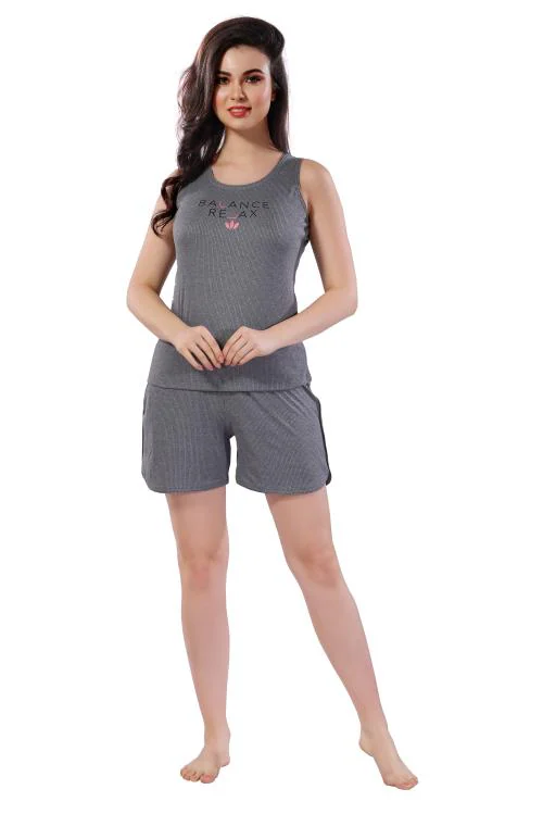 NIGHT VIEW Women's Rib Cord Fabric Night Suit Set of Top & Shorts & Sleevless