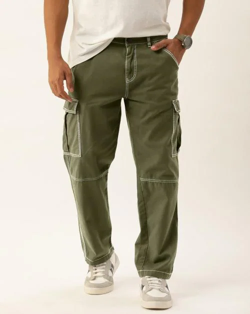Bene Kleed Men Olive Overdyed Relaxed Fit Solid Cargo Trousers with Contrast Stitch