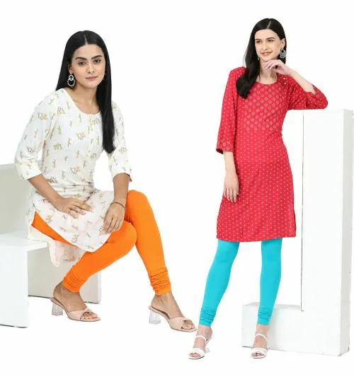 Robinbosky Women's Premium Cotton Lycra Churidar Full Leggings_Pack of 2_Orange And Blue_S