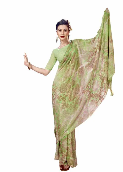 TRIVENI Green Weightless Leaf Print, Stone Embellished Saree