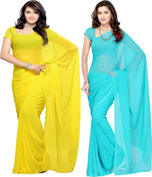 RK Fashions Solid/Plain Daily Wear Georgette Saree (Pack of 2, Multicolor)