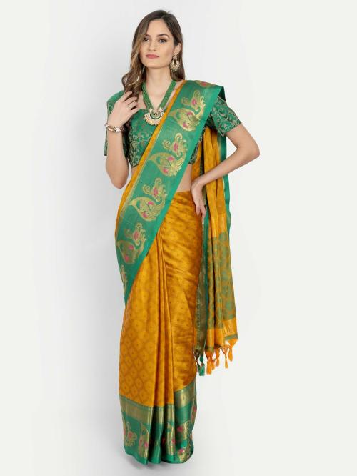 Yourwish Women Green, Gold Woven Jacquard, Cotton Silk Venkatagiri Saree