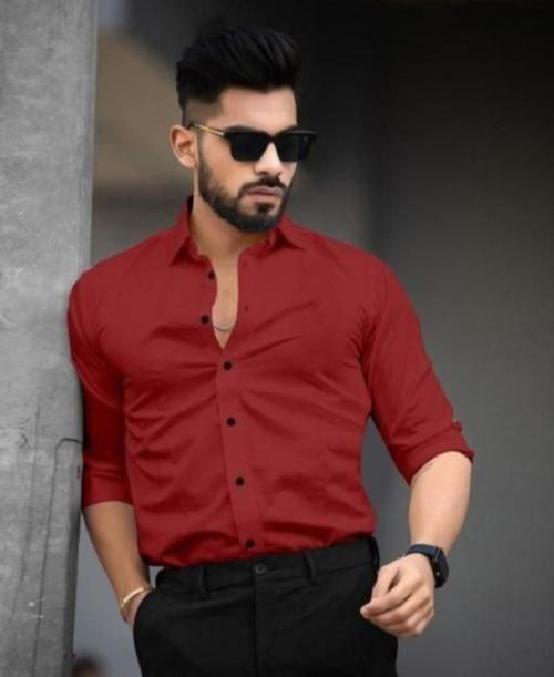 Jaime CREATION Men Red Regular Fit Solid Lycra Casual Shirt (S)