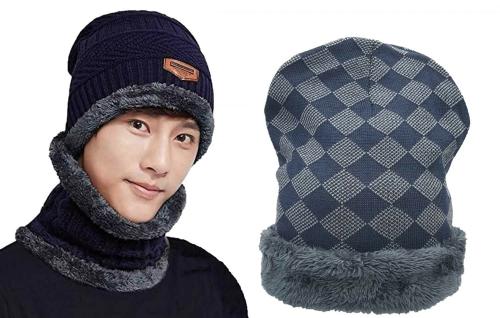 B & B BUTTONS & BOWS Blue Printed Fleece Beanie And Neck Scarf For Men And Women (Set Of 3)