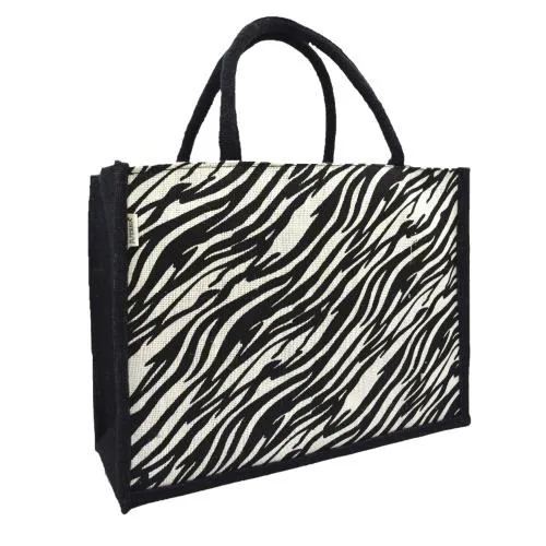 JUTEKA Stripes Printed Black and White Jute Bag for Shopping, Lunch, Tiffin, Grocery with Zip Closure and Padded Cotton Handle