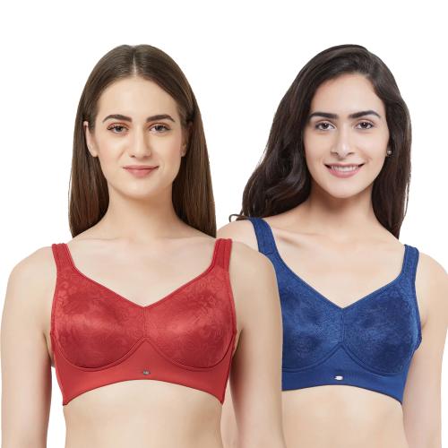 SOIE- Minimizer Full Coverage Non Wired Bra(Pack Of 2)-Garnet & E.Blue-40DD