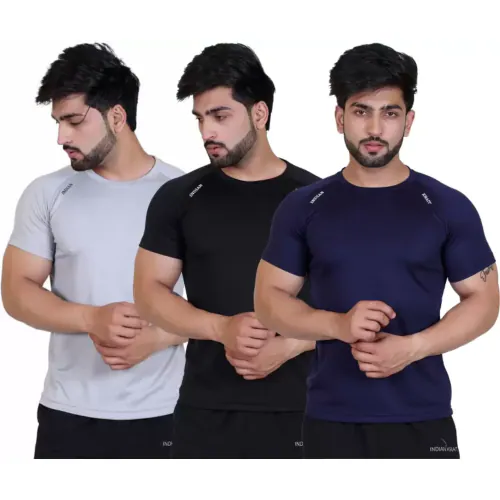 INDIAN KRAIT Pack of 3 Men Solid Round Neck Polyester Multicolor T-Shirt-Size-L