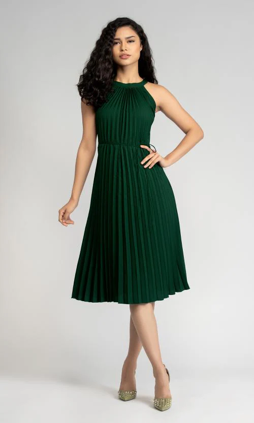 AASK Women's Elegant Belted Pleated Sleeveess Short Dress Green Color| Dress for women| Party Dress| Dresses| Stylish Dress| | New Collection