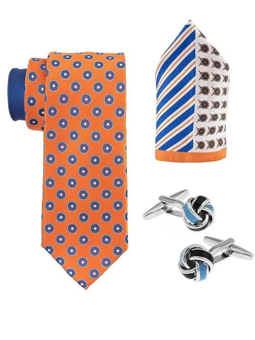 The Tie Hub Orange Silk and Brass Necktie,Pocket Square and Cufflink