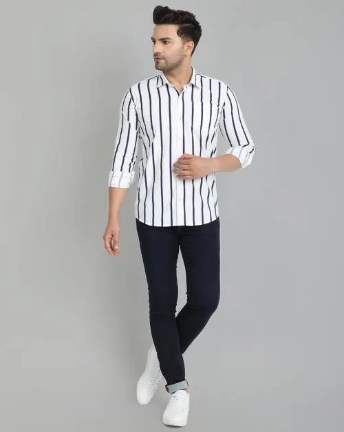 Majestic Man Men Striped White Pure Cotton Shirt