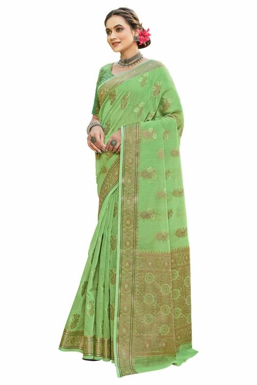 Reeta Fashion Gorgeous Lime Green Linen Woven Work Saree with Unstitched Blouse