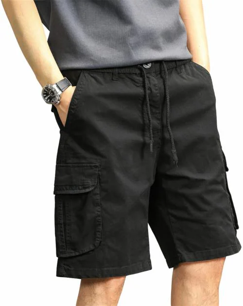 L'MONTE Men's Imported Cotton Casual Relaxed Fit Outwear Cargo Shorts with Expandable Elastic Waist and Multi Pockets(38, Black)