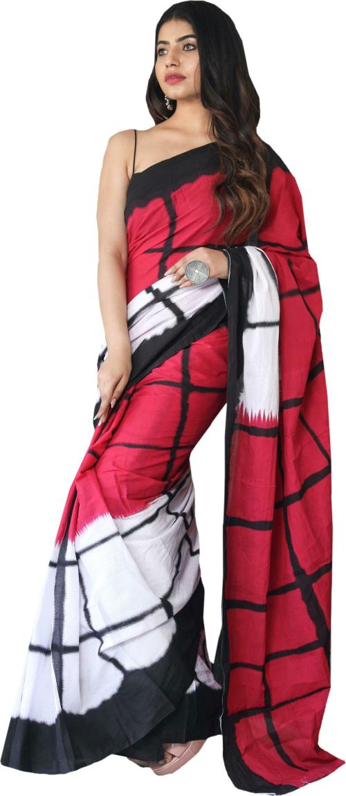 Pallo Latke Women Red Block Print Pure Cotton Saree