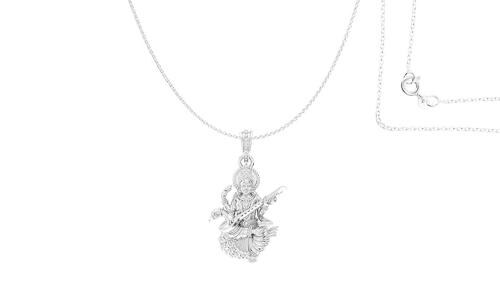 Akshat Sapphire Pure Silver Goddess Saraswati Maa Pendant With Chain Suitable For Men and Women