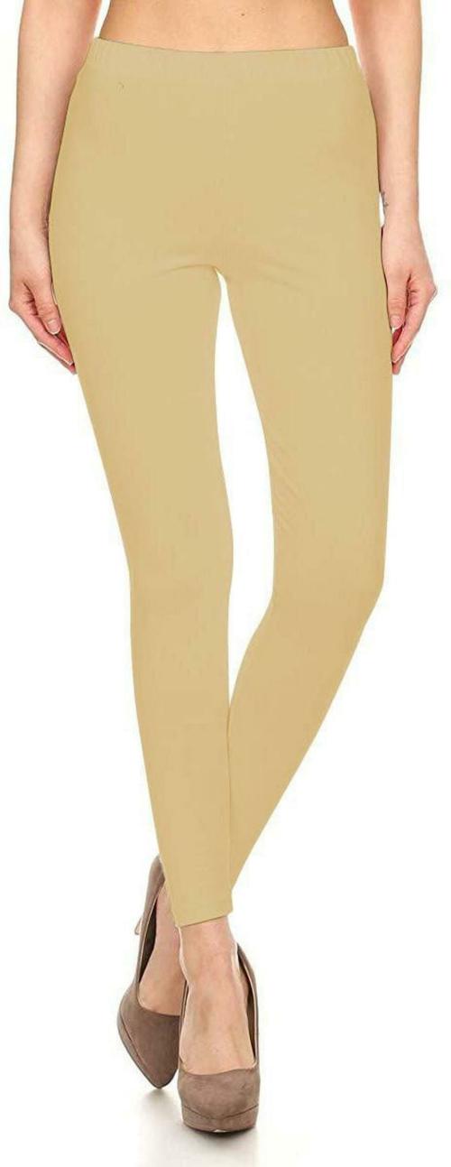 The Blazze Women Beige Solid Cotton Blend Leggings, Medium