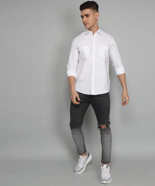TB TryBuy.in White Double Pocket Cotton Linen Casual Shirt for Men