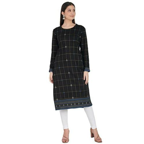 Shereen Women Black Printed Woolen Kurta with Pocket (S)