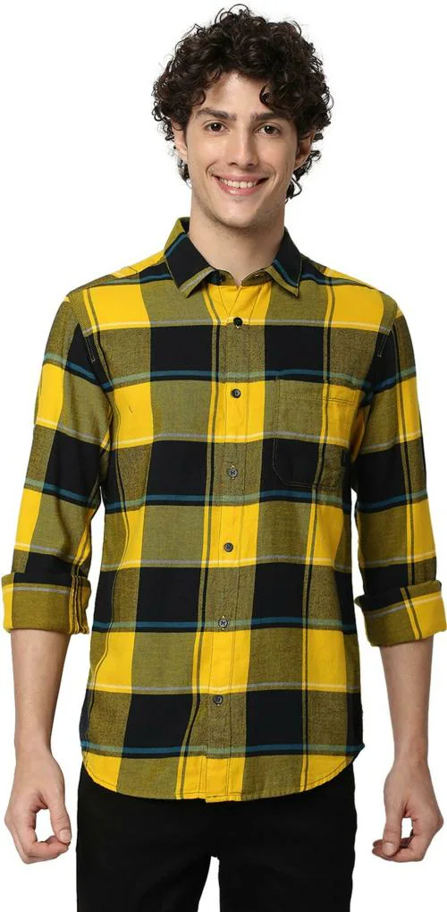 Mufti Yellow & Navy Large Check Slim Fit Casual Shirt
