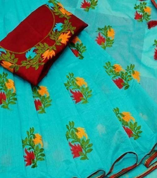 Buy GEVARIYA FASHION HUB Women Blue Embroidered Chanderi Saree Online