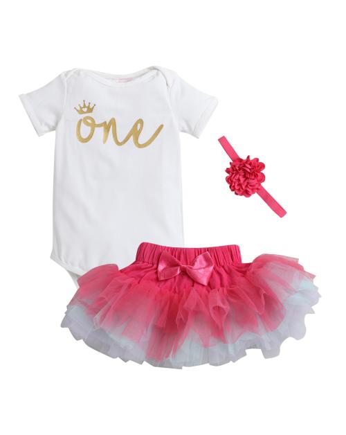 Hopscotch Baby Girls Cotton And Polyester Text Print Onesie And Skirt Set With Headband In Fuchsia Colour For Ages 9-12 Months (BYN-2903593)