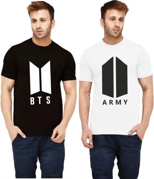 Uniplanet Store Men Black and White Printed Pure Cotton Round Neck T-Shirt - L (pack of 2)(UC47-BTSOGO-ARMY-1B-2WH)