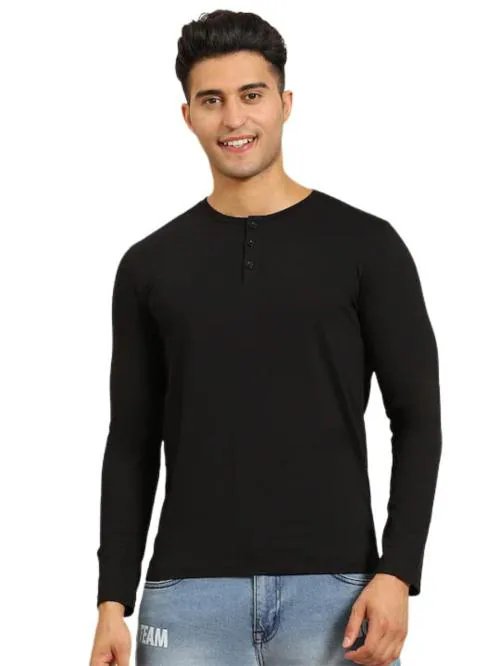 Lazychunks Men Black Cotton Blend Henley Neck T-Shirts