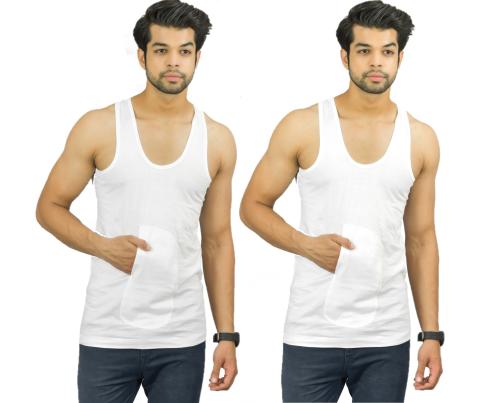UNDERLOOP White Combed Cotton Fabric Sleeveless Pocket Vest for Men(Pack of 2)