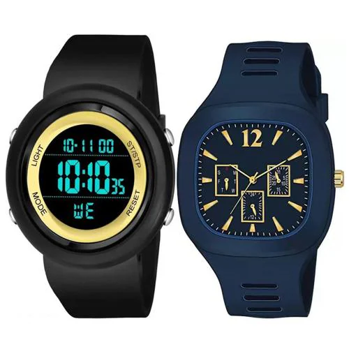 Red Fish New Golden and Blue Round Shape Dial Digital Waterproof Watch 02 Pcs - For Men