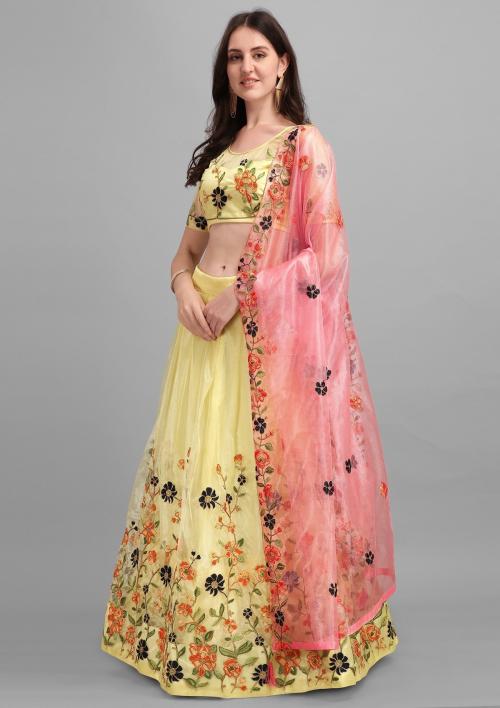 AYANSHI CREATION Women's Soft Tissue And Satin Embroidery Semi Stitched Lehenga Choli (Yellow)