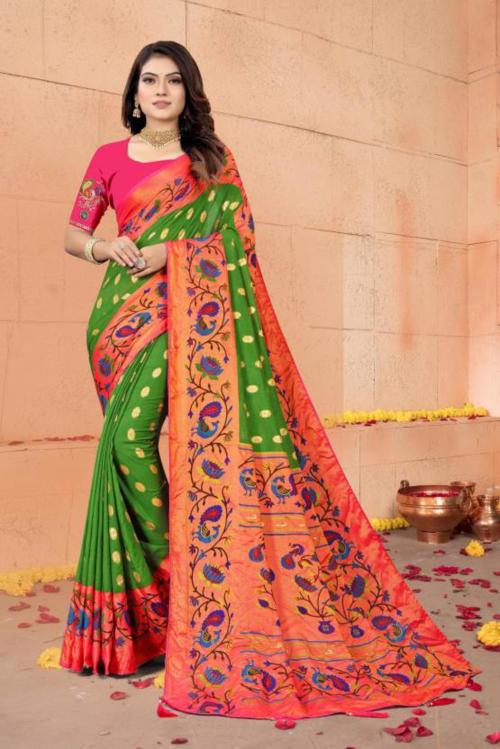 Silklane Women Green Printed Brasso Paithani Saree
