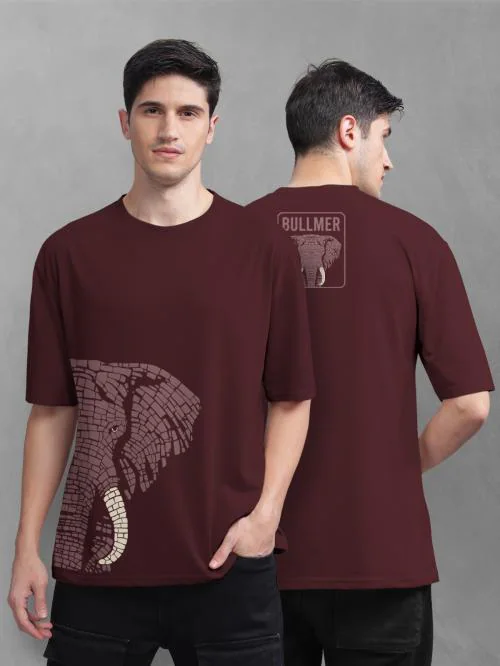 BULLMER Oversized Burgundy Front and Back Printed / Colourblock Baggy / Oversized Tshirt for Men