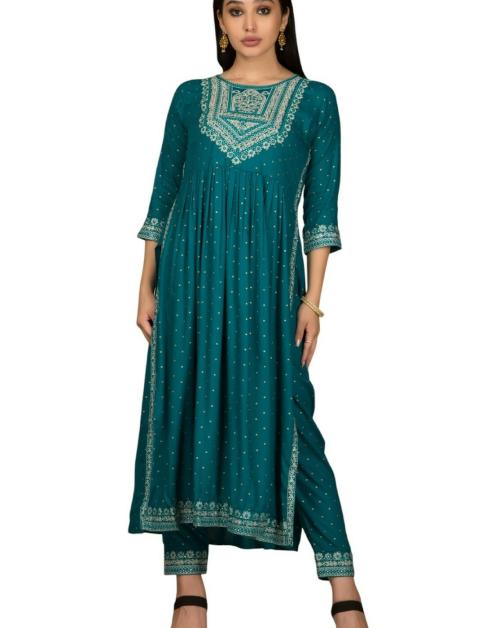 Buy WE WOMEN EXPRESS Peacock Green Colou Nayra Cut Kurta Paired With ...