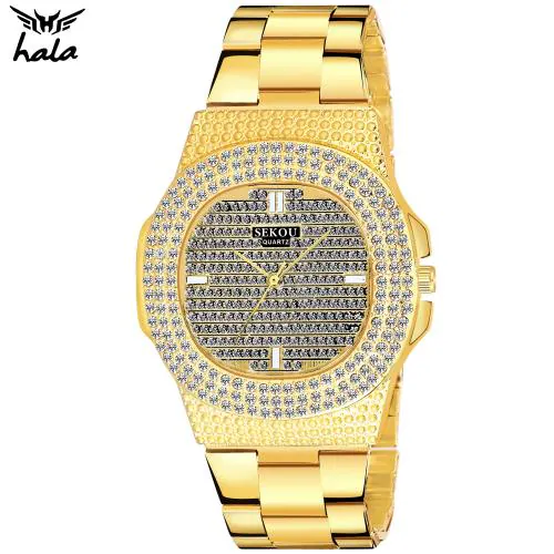 hala Stylish Party Wedding Amazing Look Cool Style Analog Watch - For Men HL-1045-Crystal Gold Attractive Designer
