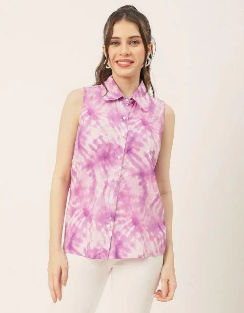 Moomaya Collar Straight Printed Rayon Shirt Regular Fit Women's Sleeveless Shirt