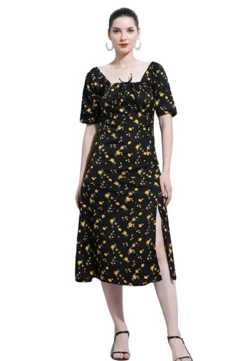 Shahveer Creation Vintage Elastic Square Neck Half Sleeve Smocked Waist Dress | A-Line Midi Dresses | Floral Dress | Split Maxi Dress | Summer Dress | Midi Dress | Beach Dress (Black &Yellow-XL)