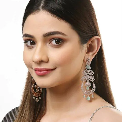 Zeneme Floral Shaped Silver Tone American Diamond Dangle Chandelier Earring For Women And Girls (Rose Gold Mint Green)