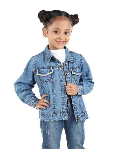 Budding Bees blue denim jacket for girls with pocket thread embriodery