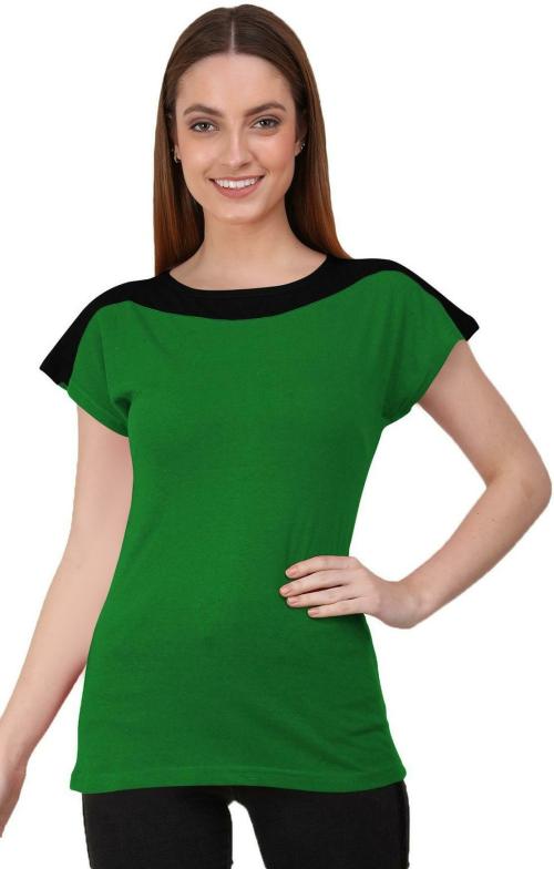 THE BLAZZE Women Black, Pakistan Green Color Block Cotton Blend Round Neck T-Shirt (Medium)