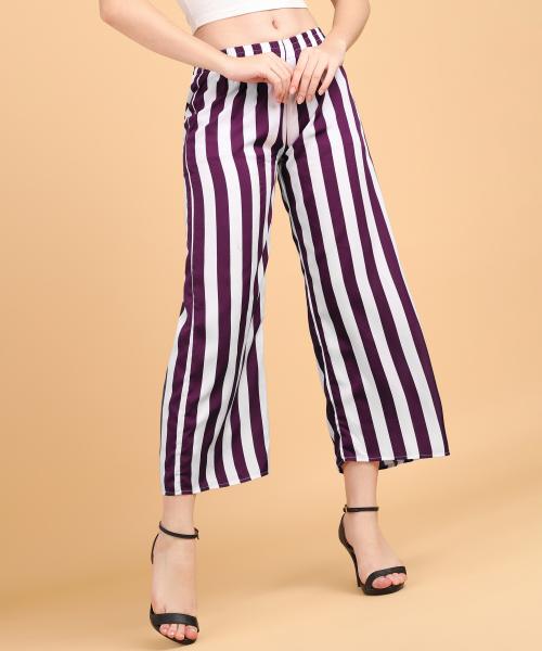 Popwings Women Casual Purple & White Stripe Printed Trouser | Women Relaxed Fit Trouser | Women Regular Wear Trouser | Women Trendy Trouser