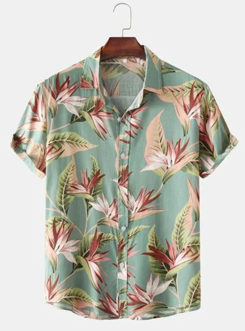 Feshopee Men Green Floral Print Cotton Blend Pack of 1 Beach Wear Shirt